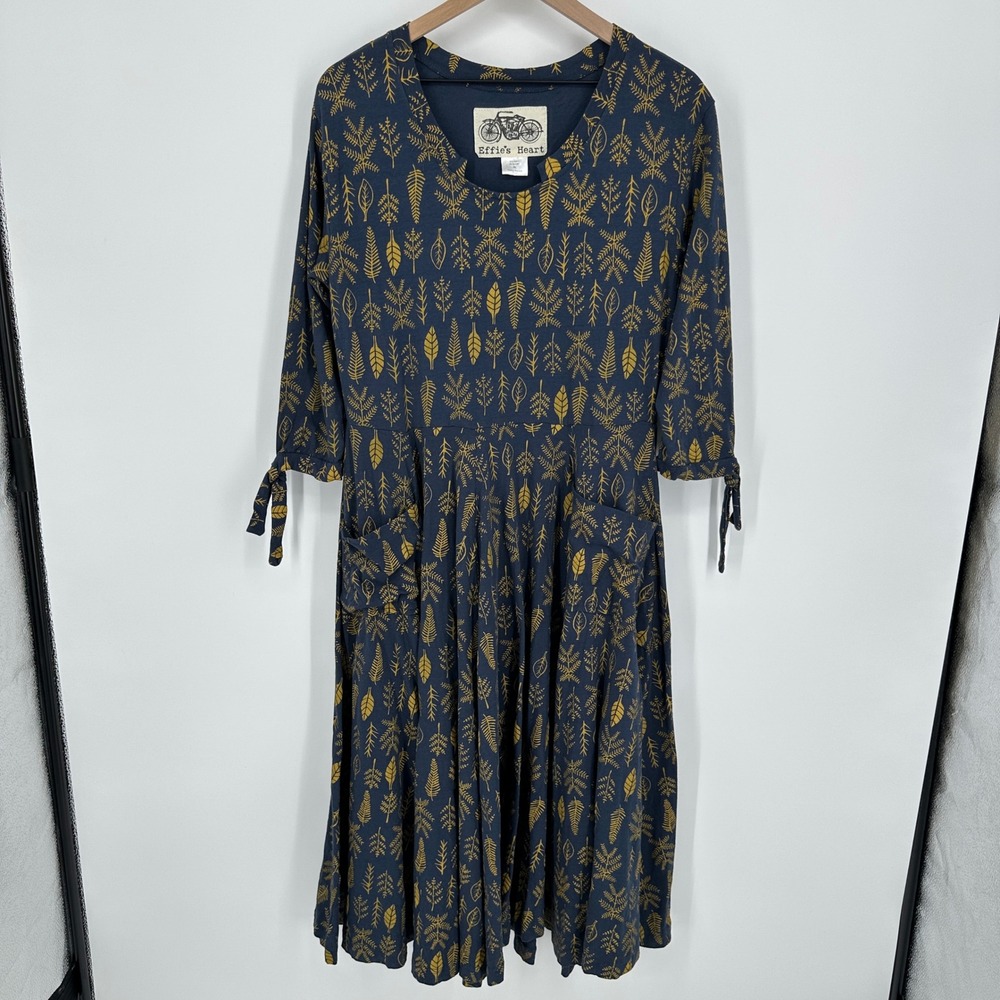 Effie's Heart Dress Womens XL Navy Gold Leaf Cotton Fit Flare Pocket Midi Nature